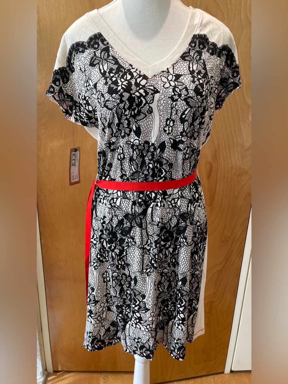 Black and White Print V-Neck Dress with Red Belt